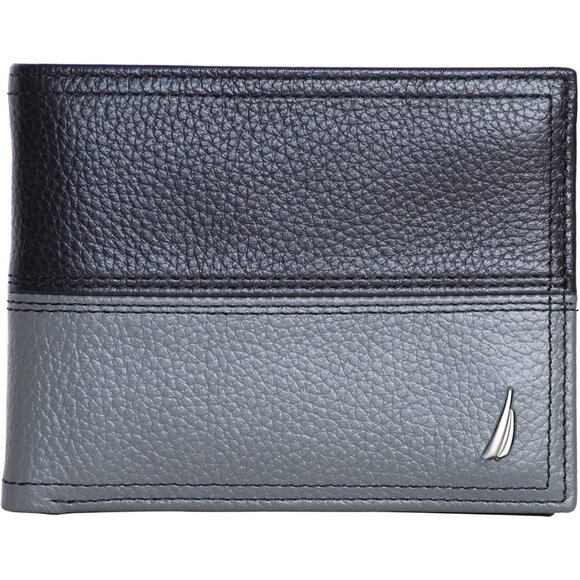 Nautica Men Bifold Leather Wallet RFID Blocking ID Window Card Slots Grey Black - Picture 1 of 5